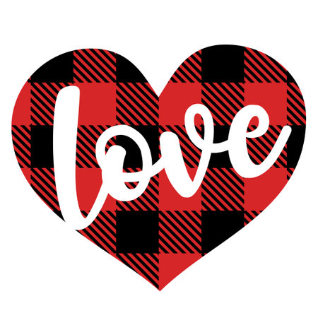 Love - Christmas or Valentine day decoration on tartan plaid scottish Seamless Pattern. Love day greeting card. Winter color buffalo pattern greeting for Xmas. Good for posters, greeting cardsのイラスト素材