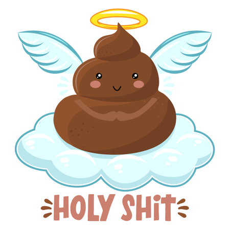 Holy Shit - Cute smiling happy poop in Heaven on white cloud with angel wings and gloria. Cartoon character in kawaii style. Xmas poop, shit character. Holy crap.のイラスト素材