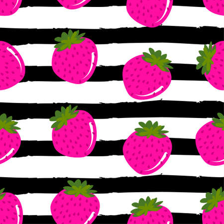 Cute strawberries pattern background with summer feeling - funny vector drawing seamless pattern. Clothes or  textile graphic design. Wallpaper, wrapping paper. Black and white stripes backround.のイラスト素材