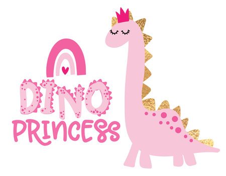 Dino Princess - funny hand drawn doodle, cartoon dino. Good for Poster or t-shirt textile graphic design. Vector hand drawn illustration. Dinosaur Queen.のイラスト素材