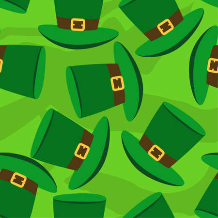 Saint Patrick's Day pattern with green hats. Irish leprechaun shenanigans lucky charm clover funny quote. Kiss me, I am Irish. Colorful print for poster, card, textiles, wallpaper, backgrounds.のイラスト素材