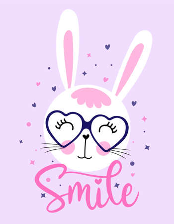 Smile Bunny - Cute bunny drawing. Funny calligraphy for spring holiday, Easter egg hunt. Perfect for advertising, poster, announcement or greeting card. Beautiful white Rabbit. Baby pajamas.のイラスト素材