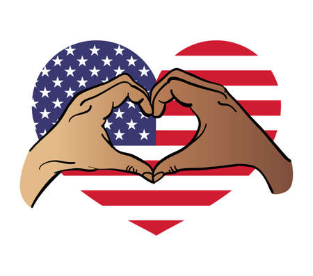 United States of America flag pattern on people hands in heart shaped for USA national public holiday concept. Happy Independence day, happy 4th of July. Love the USA.のイラスト素材