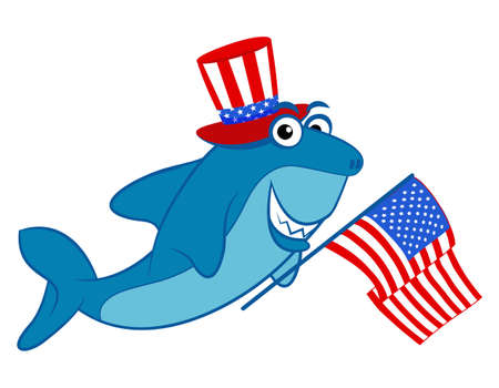 Shark with waving USA flag and uncle sam hat - Happy Independence Day July 4  design illustration. Good for advertising, poster, announcement, invitation, party, greeting card, banner, gifts, printのイラスト素材
