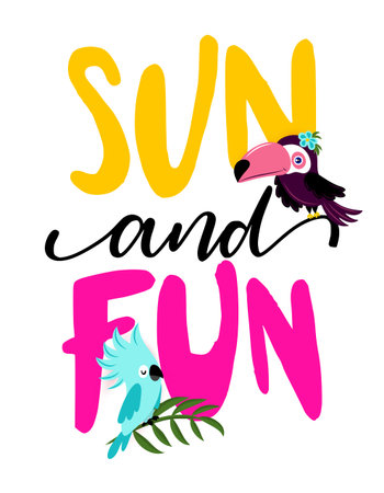 Sun and Fun- Hand drawn summer toucan illustration with parrot. Holiday color poster. Good for clothes, posters, greeting cards, banners, textiles, gifts, shirts, mugs.のイラスト素材