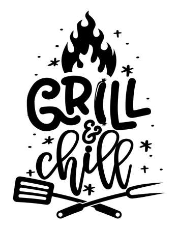 Grill and Chill - label. barbeque elements for labels, logos, badges, stickers or icons. Vector illustration, healthy food packaging design. Good for business company for kitchen, pub, restaurant.のイラスト素材