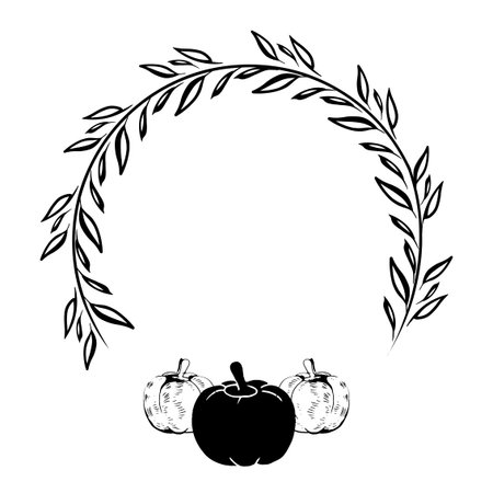 pumpkin with wreath - Hand drawn vector illustration. Autumn color greeting with pumpkin. Good for invitation card or door decoration. Happy Harvest, Happy Thanksgiving. Free space frame.のイラスト素材
