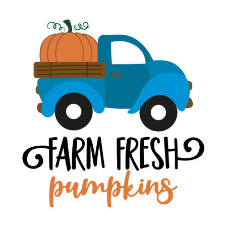Farm fresh Pumpkins - Happy Harvest fall festival design for markets, restaurants, flyers, cards, invitations, stickers, banners. Cute hand drawn hayride or old pickup truck with farm fresh pumpkins.のイラスト素材