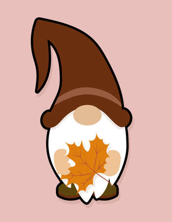 Adorable gnome with maple leaf - Thanksgiving gnome with autumn leaves. Nordic magic dwarf. Cute holidays Elf with hat. Vector illustration for Harvest, Thanksgiving or Halloween. I love Fall day.のイラスト素材