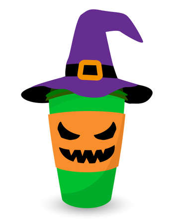 Witch coffee cup, coffee to go in witch hat - Halloween pumpkin spice latte. Good for t-shirt, mug, home decor, gift, printing press. Holiday quote. Happy Halloween, trick or treat!のイラスト素材
