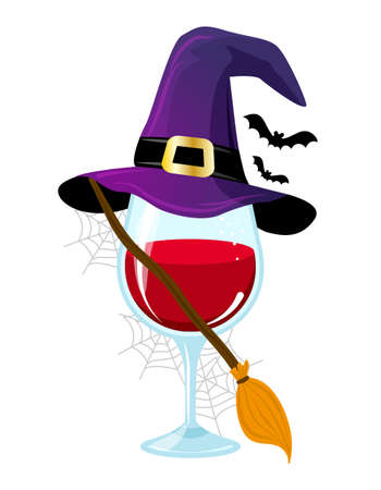 One glass on Wine in witch costume. - red wine with witch hat, broomstick and bats. Happy Halloween decoration. My broomstick runs on wine. Trick or Treat. Home decoration or t shirt design.のイラスト素材