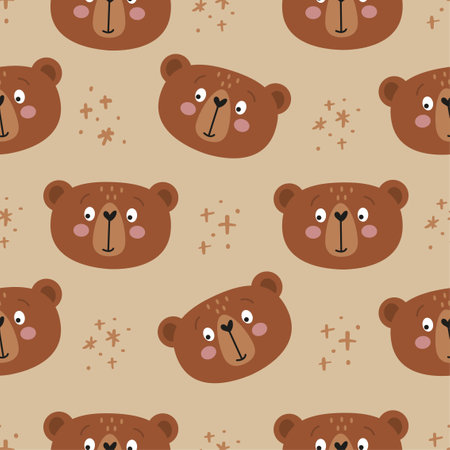 Teddy bear pattern design with bear heads hearts on rose background - funny hand drawn doodle, seamless pattern. Background or t-shirt textile graphic design. Wallpaper, wrapping paper, bedsheets.のイラスト素材