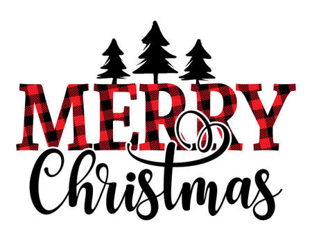Merry Christmas, Merry Xmas - text with Red and black tartan plaid Scottish buffalo Pattern. Greeting card text Calligraphy phrase for Christmas or other gift. Xmas greetings cards, invitations.のイラスト素材