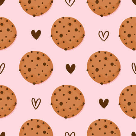 Chocolate cookies on rose background - funny hand drawn doodle, seamless pattern. Cartoon background, texture for Christmas wrapping paper, bedsheets, pajamas.のイラスト素材