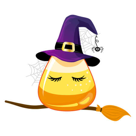 Happy Halloween - funny candy corn illustration in witch costume. Handmade sticker print. Illustration with cute sugar. Good for prints on t-shirt and bag, poster, card. Trick or treat.のイラスト素材