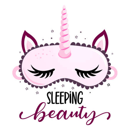 Sleeping Beauty! - funny hand drawn doodle. sleeping mask, stars, hearts. Cartoon background, texture for bedsheets, pajamas. Adorable Unicorn pony sleeping mask with long lashes.のイラスト素材