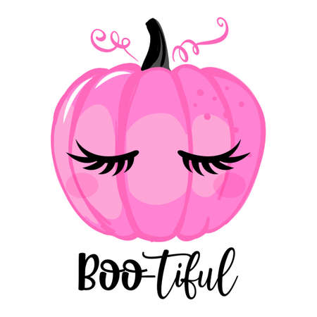 Boo-tiful (Boo beautiful) - hand drawn pink pumpkin with lashes and lettering phrase. Brush ink vector quote for banners, greeting card, poster design.のイラスト素材