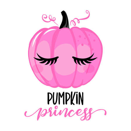 Pumpkin princess - hand drawn pink pumpkin with lashes and lettering phrase. Brush ink vector quote for banners, greeting card, poster design. Happy Halloween.のイラスト素材