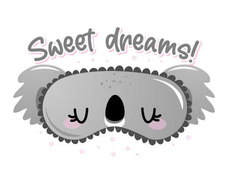Sweet dreams - funny hand drawn doodle. sleeping mask, stars, hearts. Cartoon background, texture for bedsheets, pajamas. Adorable coala bear sleeping mask with long lashes.のイラスト素材