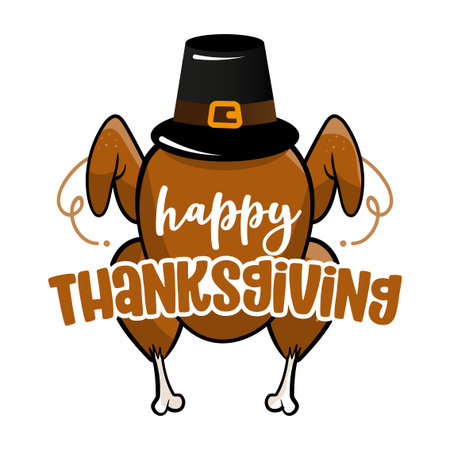 Happy thanksgiving with pilgrim - Funny Thanksgiving text with cartoon  roasted turkey. Calligraphy phrase for Xmas. Good for t-shirt, mug,  greetings cards, invitations, ugly sweaters.  Friendsgiving.のイラスト素材｜ストックフォト、写真素材のstock.foto ...
