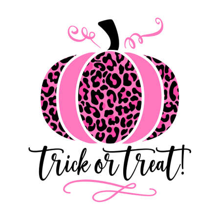 Trick or treat - hand drawn pink pumpkin with leopard pattern and lettering phrase. Brush ink vector quote for banners, greeting card, poster design.のイラスト素材