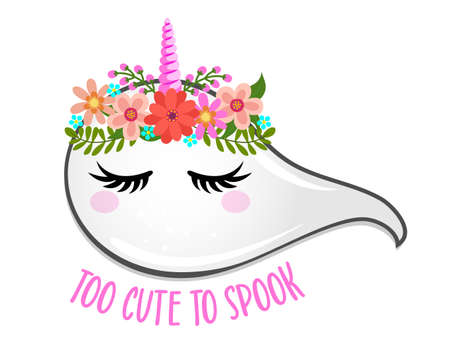 Too cute to spook, Happy Halloween - beautiful ghost girl. Spooky ghost doodle draw for print. Adorable poster for Halloween party, good for t shirts, gifts, mugs or print designs. Trick or treat.のイラスト素材