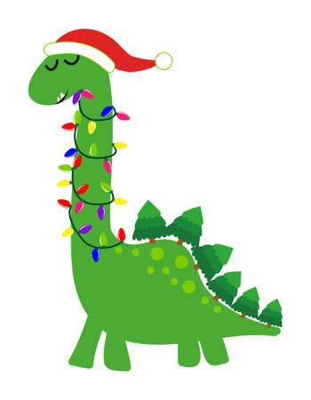 Christmas Dino - Cute brontosaurus to tangled in christmas lights, funny hand drawn doodle, cartoon dino in Santa hat. Vector hand drawn illustration. Merry Christmasのイラスト素材