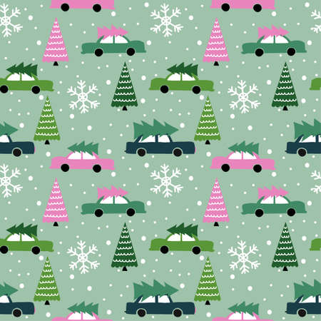 Cute Christmas car seamless pattern - Adorable Xmas pine delivery cars. Hand drawn doodle set for kids. Good for textiles, nursery, wallpaper, clothes. Christmas gift wrapping paper.のイラスト素材