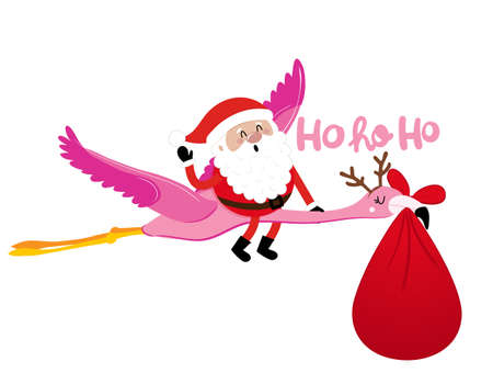 Merry Christmas and Happy New Year - Flying Santa with flamingo. Hand drawn lettering for Xmas greetings cards, invitations. Good for t-shirt, mug, scrap booking, gift, printing press. Holiday quotes.のイラスト素材