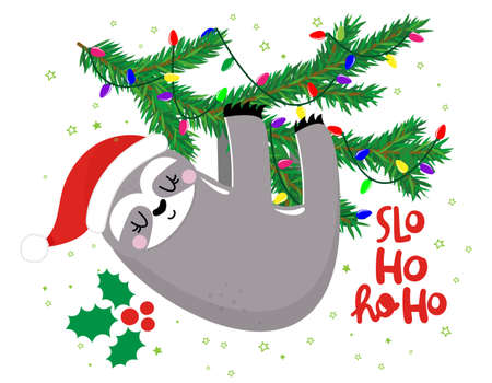 Slo Ho Ho ho - funny sloth hanging on garland. Sloth doodle draw for print. Adorable poster for Xmas party, good for t shirts, gifts, mugs or other print designs. Winter Pajama decoration.のイラスト素材