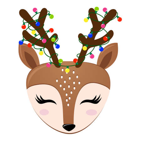 Cute deer design, tangled in Christmas garland. Funny hand drawn doodle, cartoon character. Good for Christmas pajamas, sweaters, poster or t-shirt textile graphic design. Hand drawn illustrationのイラスト素材
