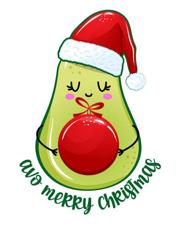 Avo merry Avocado Character with santa hat and Christmas ball. Happy New Year illustration. Handmade lettering print. Good for prints on t-shirt and bag, poster, card.のイラスト素材