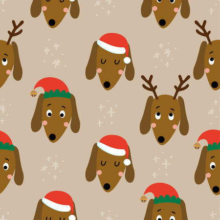 Cute christmas dachshund pattern - Adorable sausage dog characters. Hand drawn doodle set for kids. Good for textiles, nursery, wallpaper, clothes. Woof words. Christmas gift wrapping paper.のイラスト素材