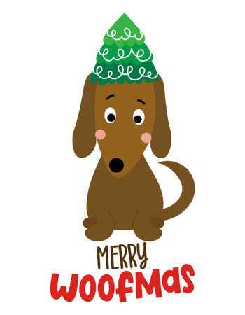 Merry Woofmas - Calligraphy phrase for Christmas. Hand drawn lettering for Xmas greeting cards, invitation. Good for t-shirt, mug, gift, printing press. Adorable dachshund dog.のイラスト素材