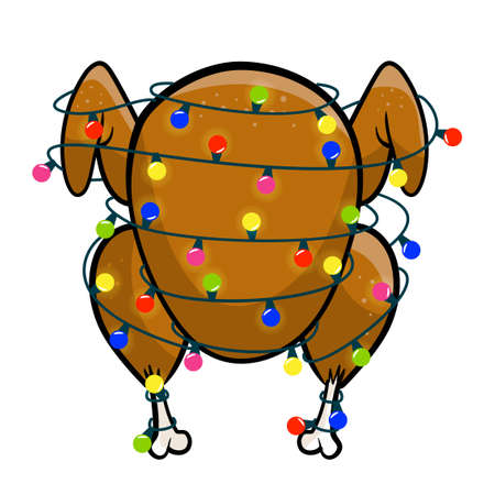 Merry Christmas - with roasted Turkey tangled in Christmas lights cartoon. Good for posters, greeting cards, banners, textiles, gifts, shirts, mugs.のイラスト素材