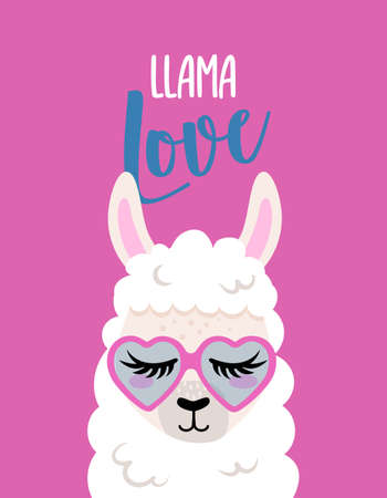 Llama Love - funny vector quotes and llama drawing. Lettering poster or t-shirt textile graphic design. Amazing llama character illustration on isolated pink background. Happy Valentine's Day.のイラスト素材