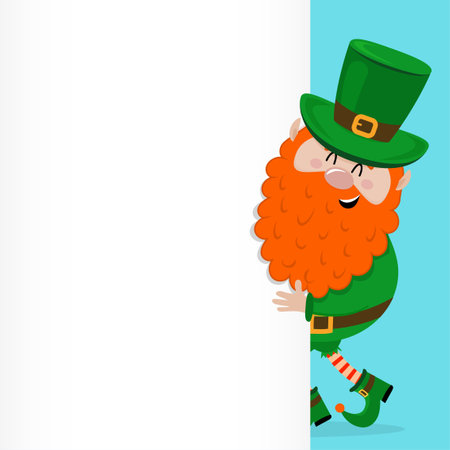 Saint Patrick's day banner with free copy space. Paddy sale. Leprechaun message banner. Irish Leprechaun holding banner or billboard.のイラスト素材