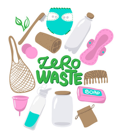 Zero waste logo reusable reusable items or products - Eco style. No plastic. Go green.  Lettering poster t-shirt textile graphic design. Beautiful illustration protest against plastic garbage.のイラスト素材