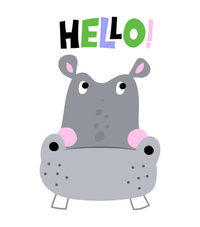 Hippopotamus with word hello - cute hippo horse decoration. Little hippo  poster for nursery room, greeting cards, kids and baby clothes. Isolated vector.のイラスト素材