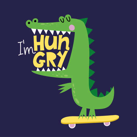 I'm hungry - funny hand drawn doodle, cartoon crocodile with open mouth on skateboard. Good for Poster or t-shirt textile graphic design. Vector hand drawn illustration. Crocodile dude.のイラスト素材