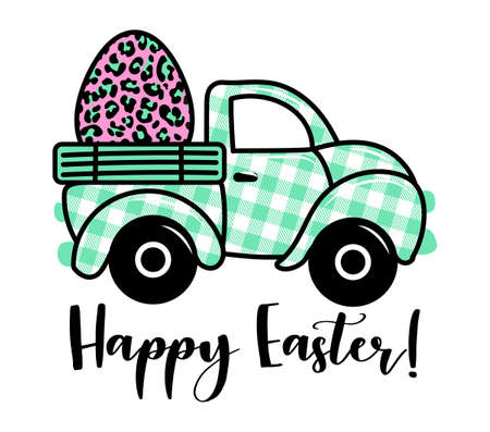 Happy Easter! - Calligraphy phrase. Lettering for Bunny day greeting card, invitation. Good for t-shirt, mug, gift, printing press. Buffalo plaid pickup carry  leopard Eggsのイラスト素材