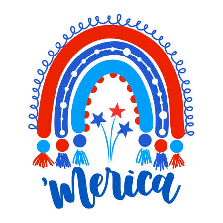 America - Independence Day, International July 4th Day greeting card. Calligraphy handwritten phrase and hand drawn flowers. Handmade calligraphy illustration. Happy fourth o July on white backgroundのイラスト素材