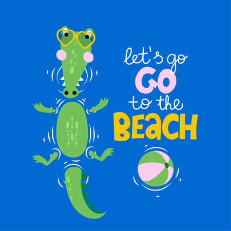 Let's go to the beach - funny hand drawn doodle, cartoon crocodile. Good for Poster or t-shirt textile graphic design. Vector hand drawn illustration. Summer swimming crocodile.のイラスト素材