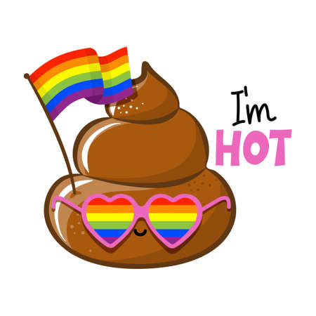 I am hot - Funny Poop with rainbow flag. Cute smiling happy poop with rainbow sunglasses. Cartoon character in kawaii style. Holy crap. Good for t-shirt, mug, gift. Magic shit happのイラスト素材