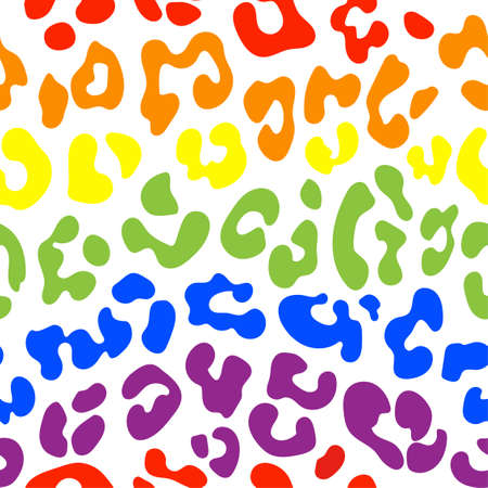Leopard pattern design in rainbow colors - funny  drawing seamless ocelot pattern. Lettering poster or t-shirt textile graphic design. wallpaper, wrapping paper. Happy pride month!のイラスト素材