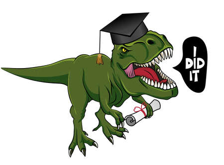 I did it! - T rex tyrannosaurus in graduate cap. Cute smiling happy dinosaur with diploma. Dino character in cartoon style. Congratulation graduates. Good for t-shirt, mug, gift.のイラスト素材