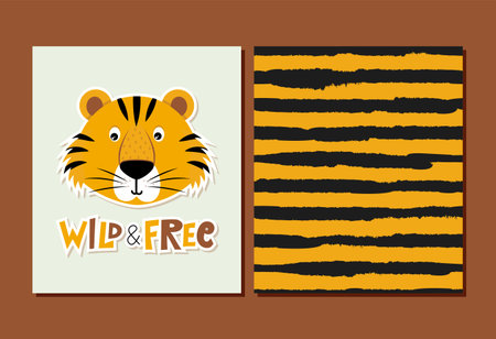 Wild and free - funny Tiger character drawing. Lettering poster or t shirt textile graphic design. ...