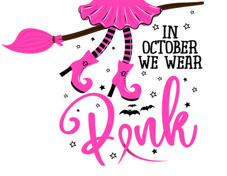 In October we wear Pink (Breast Cancer), hand drawn Breast Cancer Awareness month October lettering phrase. Quote for banners, greeting card, poster design. Fight and survive conceのイラスト素材