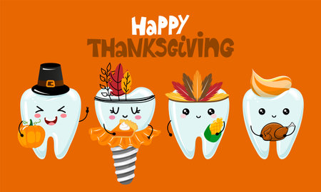 Happy Thanksgiving - Tooth family characters design in kawaii style. Hand drawn Toothfairy with funny quote. Good for school prevention posters, greeting cards, banners, textiles.のイラスト素材