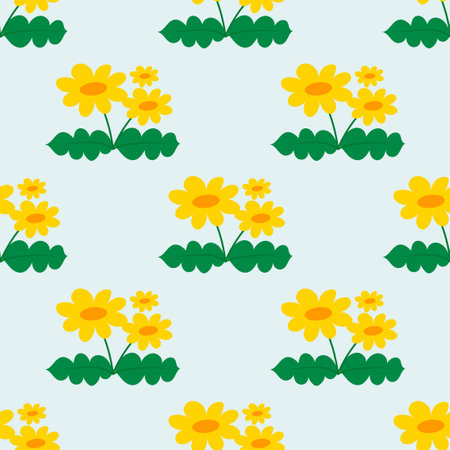 Cute yellow flowers pattern on blue background - funny vector floral drawing seamless pattern. Sketch poster or t-shirt textile graphic design. Cute illustration. wallpaper, wrappiのイラスト素材